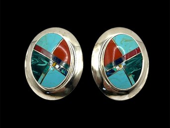 Vintage Sterling Silver Native American Turquoise Multi Color Inlay Earrings
