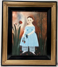 Folk Art Oil On Canvas Painting Of Girl Holding Roses & Grapes - 18th C Style - Antique Frame 24.25 X 28.25