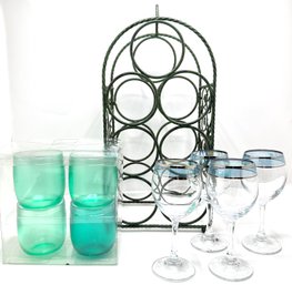 Vintage Wine Rack, 4 Mid-Century Wine Glasses & 4 New In Box Lucite Stemless Wine Glasses