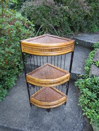 Asian Bombay Style Rattan And Wrought Metal Free Standing Corner Shelf