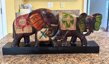 Vintage Handcrafted Wooden Elephant Family With Beaded Inlay Color Decor Sculpture With Base Stand.