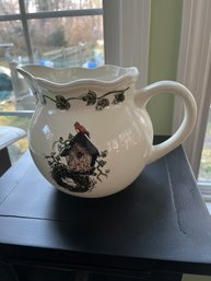 Sweet Ceramic Bird Pitcher Featuring  Cardinal Birdhouse, Nest And Eggs Double Sided