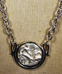 Contemporary Silver Tone Roman Coin Chain Necklace W Pendant