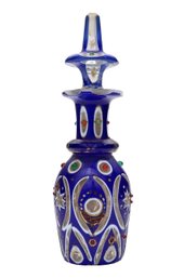 Antique Bohemian Overlay Cobalt And Gold  Dimensional Glass Decanter / Perfume Bottle