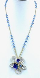 Vintage Goldtone Necklace W/ Hand-wired Pendant & Blue Beads