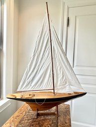Wooden Model Sailboat With Cloth Sails