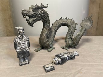 Chinese Terracotta Warrior Figurines And Bronze? Metal Dragon Statue