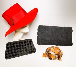 Stunning Vintage Scherzer Austria Red Felt Hat, Two Black Clutch Purse- Velvet & Crochet And Feather Hat