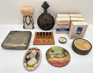 13 Antique Small Items: Tiniest Gold Pin, Clip With Butt, Mirrors, Hairpins, Rock Salt & More