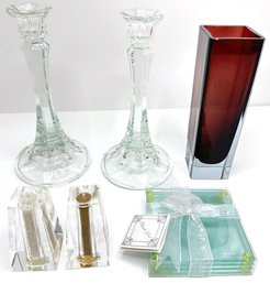 Oleg Cassini Salt & Pepper Shakers, Tall Vase, Crystal Candlesticks & New Etched Glass LOVE Coasters