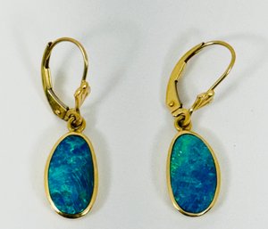 GORGEOUS 14K GOLD BLUE OPAL DANGLE EARRINGS