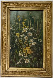 Antique Oil On Board Painting Daisies Pansies Flowers - Amey Talbot - Ornate Gold Frame - 17.5 X 25.75