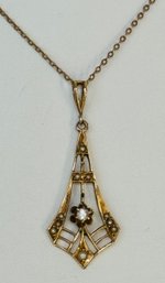 ANTIQUE 14K GOLD DIAMOND AND SEED PEARL LAVALIER NECKLACE