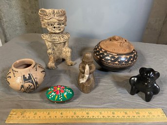 Assorted Collectibles: Costa Rica, Inuit Carved Sandstone, Aztec Clay Figurine, Decorative Vase, Bowl W/frog