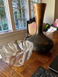 2 Pc.  Wood Vase And Crystal Bowl Orrefors