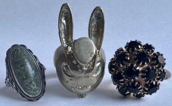 3 Vintage Rings: Alice In Wonderland White Rabbit, Natural Stone & Black Rhinestone