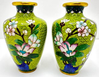2 Antique Asian Cloisonne Enameled Brass Bud Vases, Cherry Blossoms On Green Background
