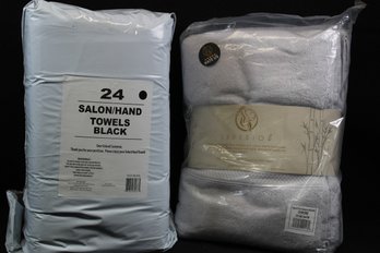 Sealed Pack Of 24 Black Salon / Hand Towels Plus A Package Of Two Superior Bath Towels