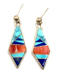 Amazing Calvin Begay Dine Designer Sterling Silver Multi Color Inlay Earrings