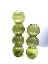 Hand-blown Pair Of Avocado Green Nordic Bubble Vases