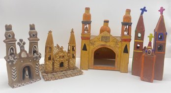 4 Folk Art Churches, Some Mexican: Wood, Ceramic, Wick