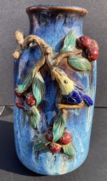 Stunning Early Majolica Vase With Hand-applied High Relief Bird And Fruit Trees