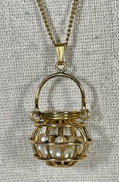 Vintage Gold Filled Basket With Genuine Pearls Neckalce