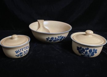 Vintage Pfaltzgraff Folk Art Blue Bird And Grapes Stoneware Condiment Set