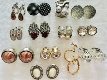 Vtg Lot Of 13 Prs. Small Clip Earrings: Rhinestone, Crystal, Faux Pearl, Filigree, Napier Signed Hoops