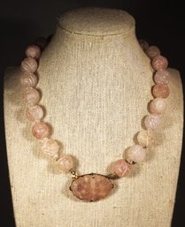 Fine Hand Carved Chinese Carved Pink Rose Quartz Necklace Large Clasp`