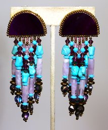 Hand Crafted Designer Artisan Beaded Clip Earrings Plastic, Glass And Felt