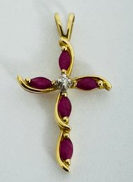 BEAUTIFUL 10K GOLD RUBY AND DIAMOND CROSS PENDANT