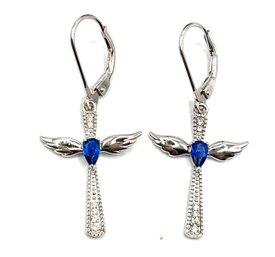 Vintage Sterling Silver Blue Topaz Color Stone Cross Earrings