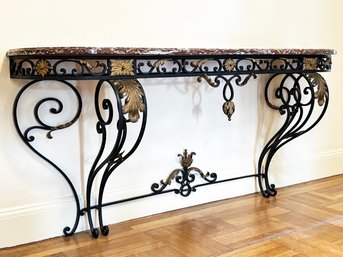 A Stunning 1920's French Wrought Iron And Marble Hall Console With Ormolu Trim