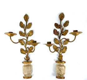 French Antique Gold Tone Floral Motif Candle Wall Sconces - Metal And Wood