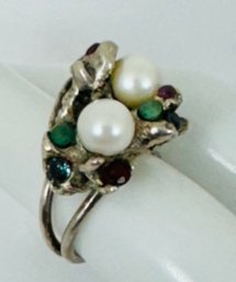 AMAZING BRUTALIST HAND MADE RUBY, EMERALD, SAPPHIRE AND PEARL STERLING SILVER RING