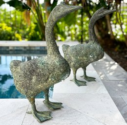 A Pair Of Bronze Garden Ducks