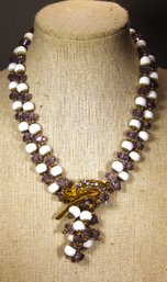 Vintage Miriam Haskell Style Necklace Gold Tone White Glass Beaded Necklace