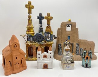 6 Folk Art Churches, Some Mexican: Ceramic, Metal, Paper