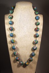 Fine Strand Antique Chinese Cloisonne Beaded Necklace In Turquoise Blue Color