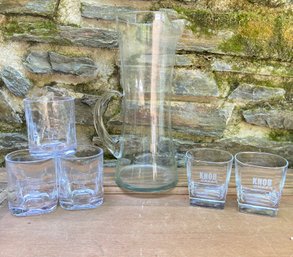 Vintage Ice Lipped Tall Pitcher And Newer Whiskey Glasses