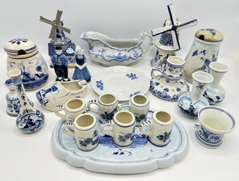 Vintage Delft Pottery Vases, Cups, Windmill Music Box, Salt & Pepper Shakers & More, Holland (over 20 Pieces)