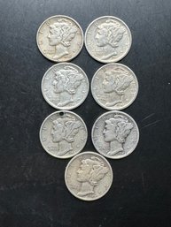 Lot Of 7 Mercury Silver Dimes Miscel Dates