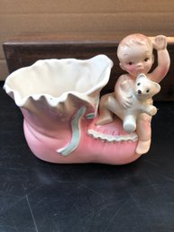 Vintage Ceramic Nursery Planter Baby With Bear On Bootie - Napco Ceramic Japan