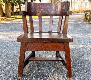 An Early 20th Century Mission Oak Arm Chair: Possibly Early Stickley, But With Charles Limbert Design Features