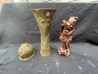 BRONZE CHINESE VASE , BOX, AND CARVED FIGURE