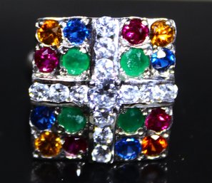 Contemporary Gemstone Ladies Ring Square Shape Silver Unmarked Size 7