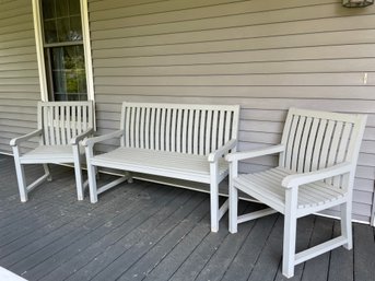 Painted Teak? 3 Pieces Of Patio Furniture. Two Chairs And A Bench.