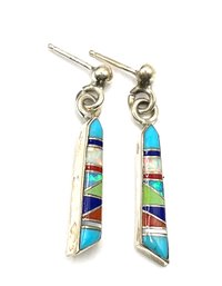 Beautiful Native American Sterling Silver Designer Multi Stone Inlay Earrings