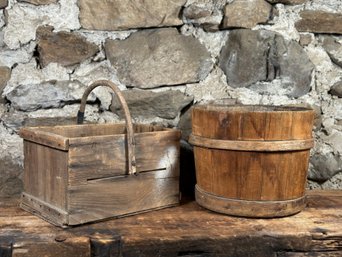 Rustic Handcrafted Wooden Farmhouse Bucket & Basket